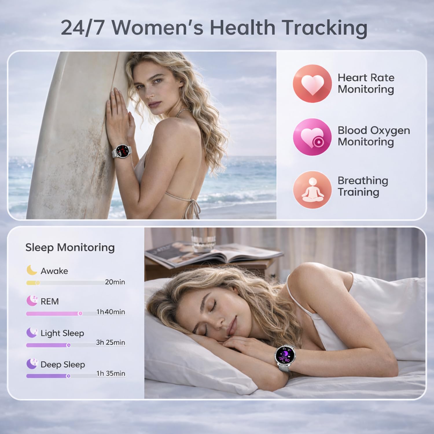 Reloj Inteligente Mujer, 1.27" Smartwatch Mujer Redondo con Llamadas y Whatsapp Notificación, SpO2/Pulsómetro/Sueño/Podómetro, 110+ Modos Deporte, 2 Correas, IP68 para Android iOS Plata