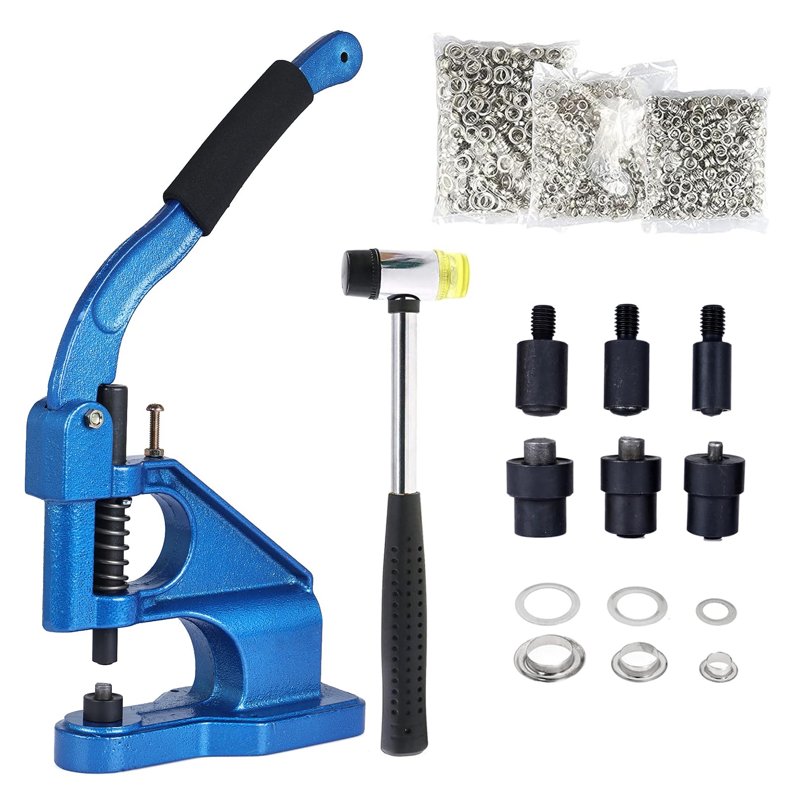 FreeTec Maquina de Ojales, Prensa de Ojales Metalicos con Perforadora y Martillo, 6/10/12mm Manual Máquina de Ojales con 3 Matrices 1500 Ojales Plateado para Lonas Cuero Telas Cortinas Bolsos