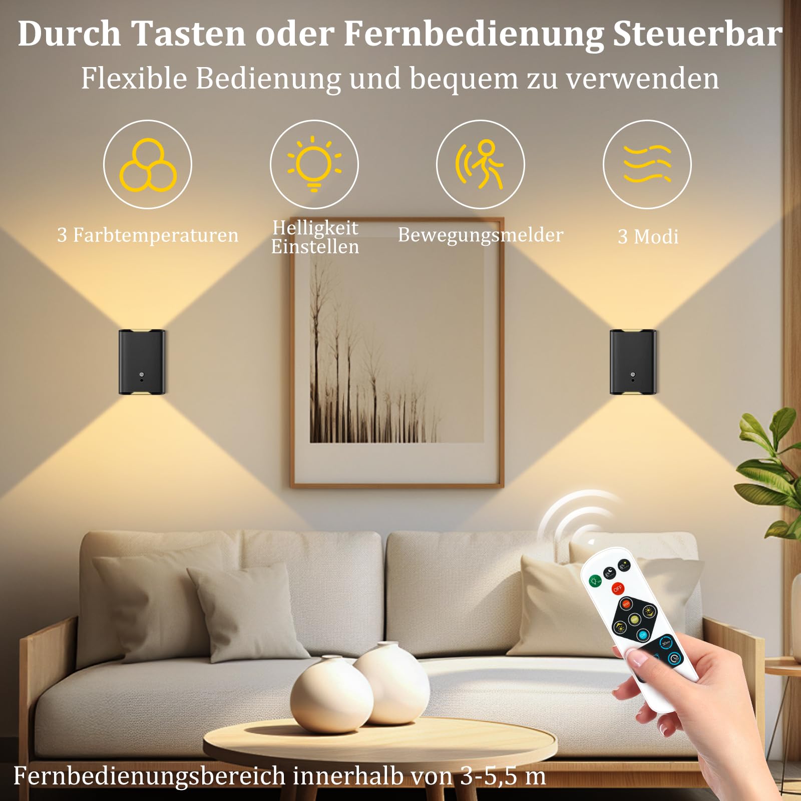Toowell Wandleuchte Innen Akku mit Bewegungsmelder USB Aufladbar,4 Stück | 5000mAh Akku Wandlampe mit Fernbedienung Innen,Wandleuchte Ohne Stromanschluss mit 3 Modi,Schwarz Wandlampen für Schlafzimmer