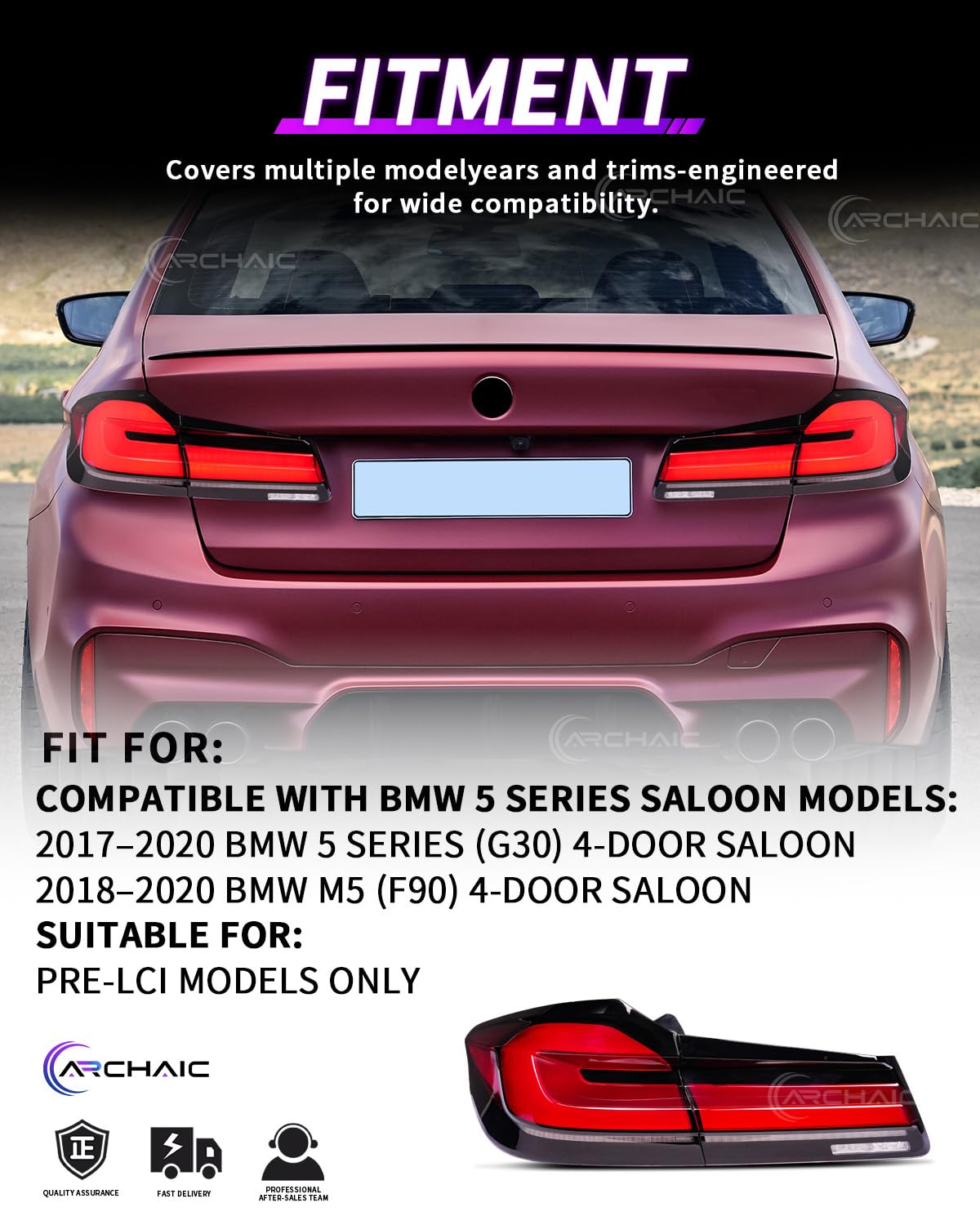 Archaic Rückleuchten Kompatibel Mit 2017-2020 BMW 5er Reihe (G30) / 2018-2020 BMW M5 (F90) 4-Türer Limousine, Nicht passend Touring (G31) 2020 + LCI Facelift, Mit Sequenz-Drehsignal, Mit Emark