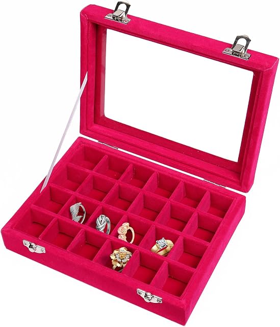 Meshela 24 Section Velvet Glass Jewelry Ring Display Organiser Case Tray Holder Earrings Storage BoxHot Pink