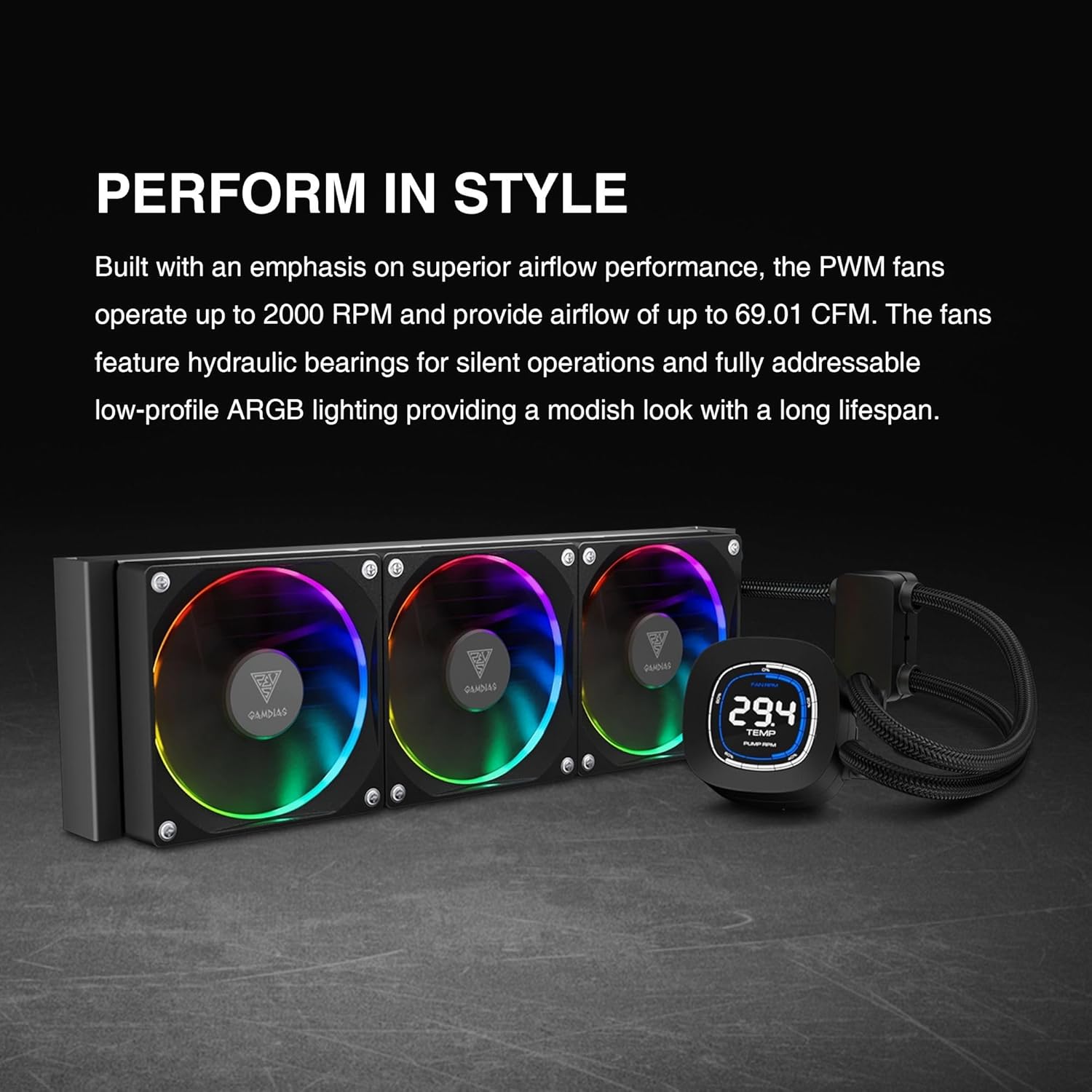 GAMDIAS 240mm CPU Liquid Cooler AIO w/ 2.1" Display & Customized Software, CPU Water Cooler w/Thick Radiator and ARGB PWM 2X 120mm Computer PC Case Fans, Compatible w/Intel 1700/1200 & AMD AM5/AM4