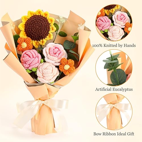 Miniatura 3 de Omldggr Ramo de flores de ganchillo completo, ramo de punto hecho a mano naranja, kit de ramo de ganchillo de punto falso girasol rosa margarita