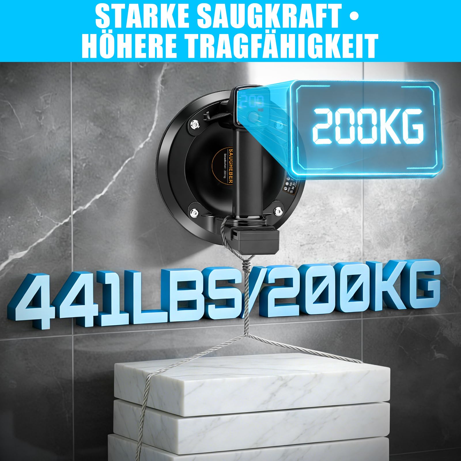 Sollevatore elettrico a batteria per piastrelle, 200 mm, con 4 batterie da 3000 mAh, LCD Didplay, potenza di aspirazione 200 kg, per vetro, marmo, piastrelle, set da 2