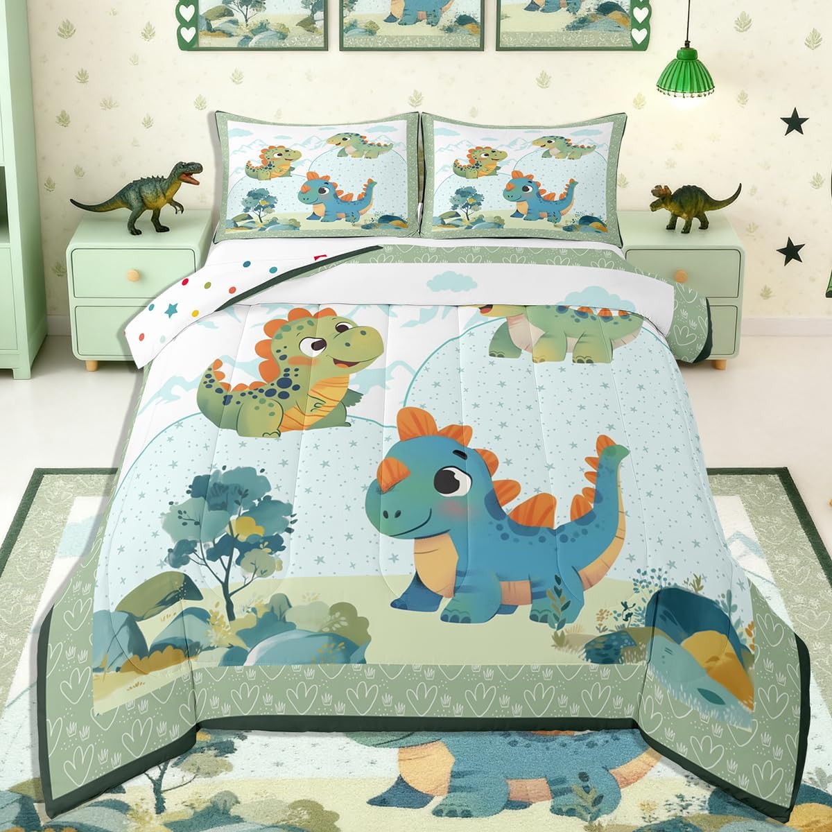 Feelyou Cartoon Dinosaur Kids Comforter Set Twin Size Tree Pattern Bedding Set Cute Cartoon Duvet Quilt for Kids Boys Girls Bedroom Decor Microfiber Ultra Soft Breathable