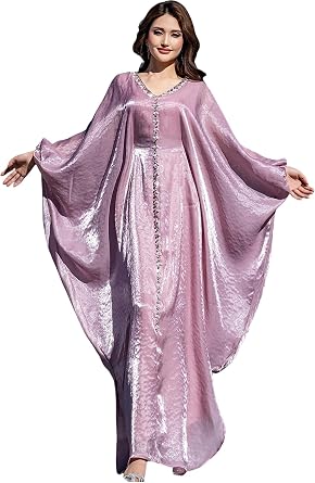 Elegant Butterfly Shine Abaya Dress, Dusty Rose, V-Neck Muslim Dress with Crystal Hand Beading, Kaftan Style, One-Size