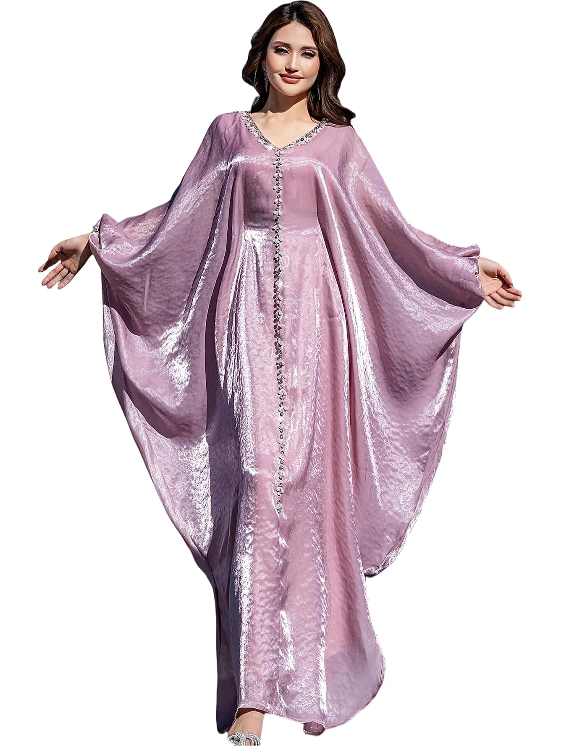 Elegant Butterfly Shine Abaya Dress, Dusty Rose, V-Neck Muslim Dress with Crystal Hand Beading, Kaftan Style, One-Size - Review, Price and Buying Guide