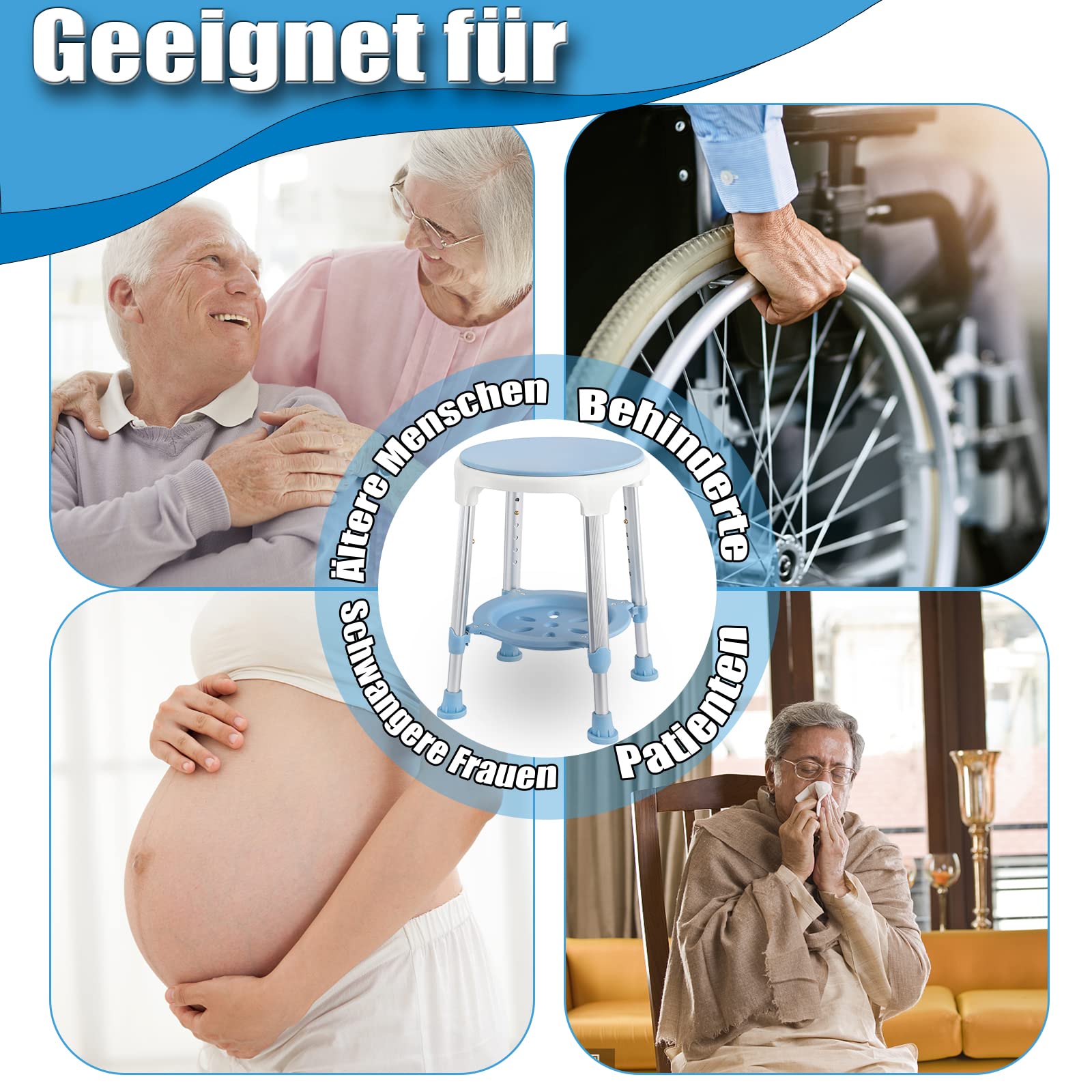 LZQ LZQ-(HAG1326) - Sgabello da doccia regolabile in altezza, girevole a 360°, portata fino a 150 kg, per doccia, per anziani, 54,5 cm