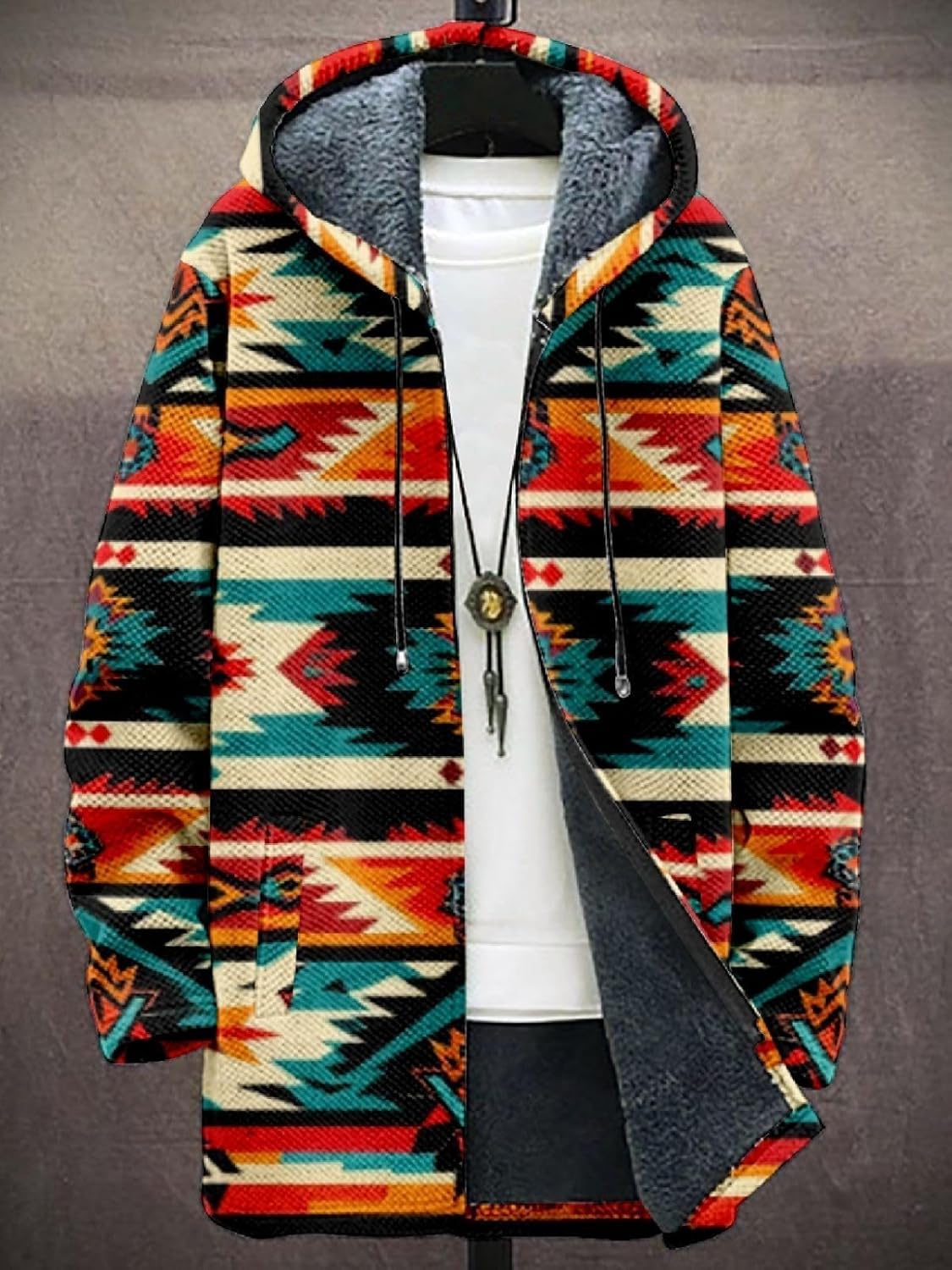 2025 Men's Ethnic Pattern Hooded Jacket Long Cardigan Hoodies Full Zip Vintage Knitted Zipper Coat with Pocket - Image 3