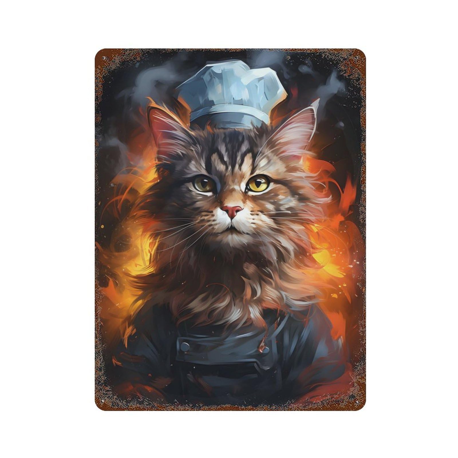 Cat Chef Cooking Painting Vintage Wall Sign 15.7"x11.8", Rust Effect Metal Decor for Basement, Hobby Room And Garage Decor
