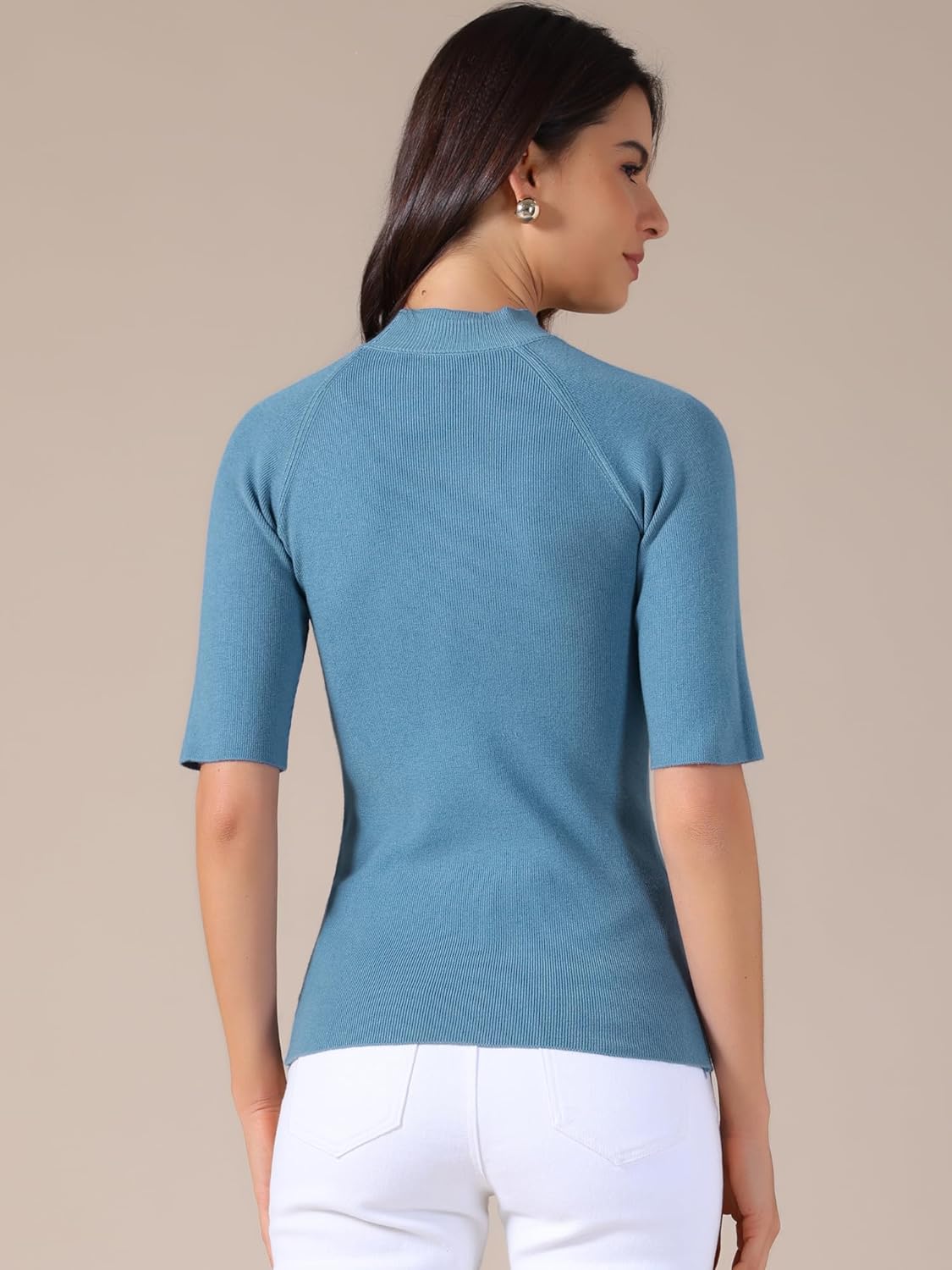 Allegra K Women's Mock Neck Sweater Casual Office Short Sleeve Ribbed Knit Pullover Tops - Image 4