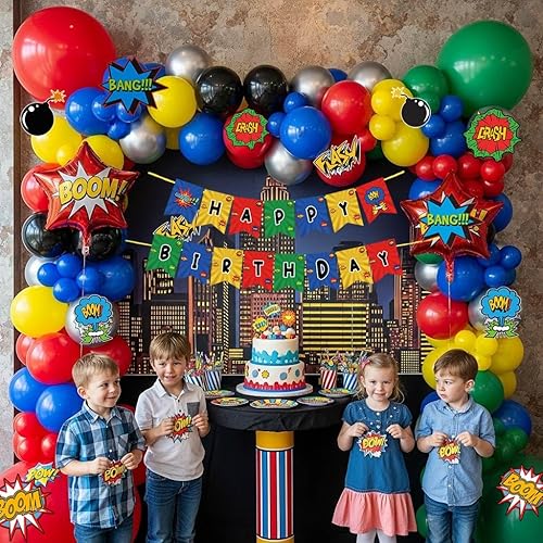 Miniatura 8 de Kit de guirnalda de globos de superhéroe, globos rojos, azules, verdes, amarillos, negros, globos y globos de estrella, calcomanías de tarjetas para