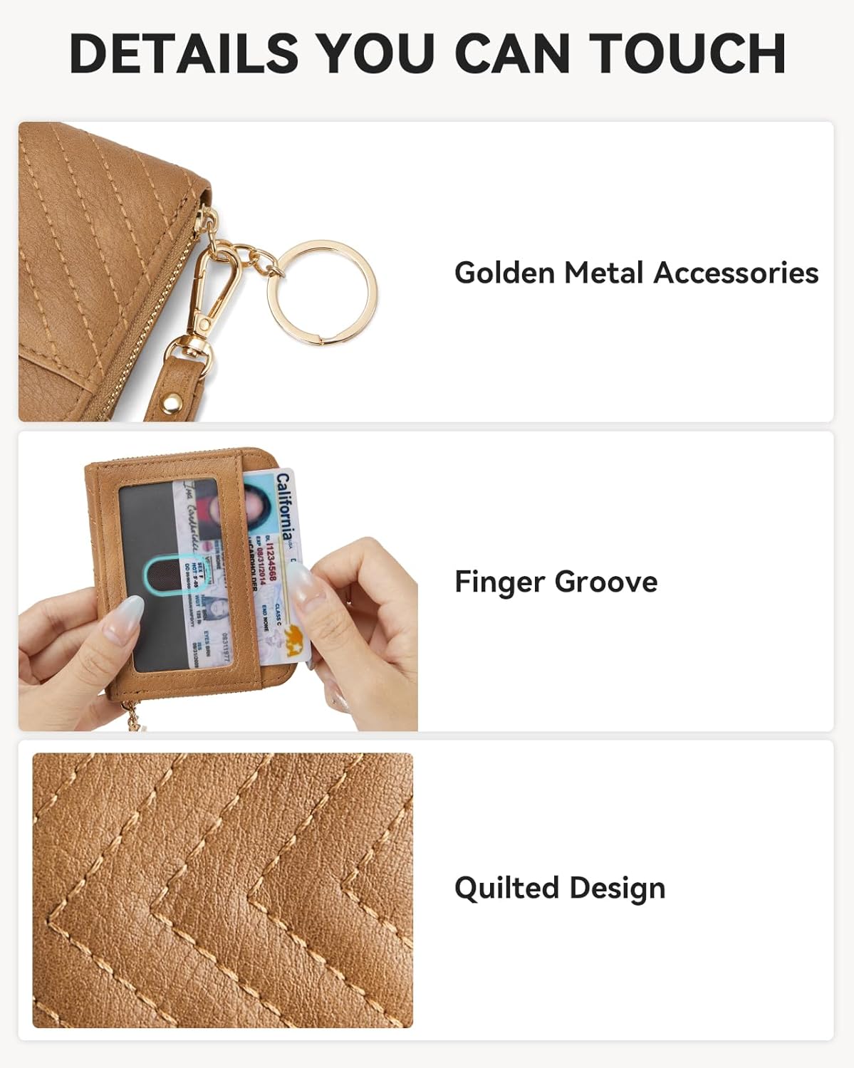 BOSTANTEN Credit Card Holder Wallet RFID Blocking Leather Small Wallet for Women Zipper Keychain Wallet with Wristlet Camel - Image 3