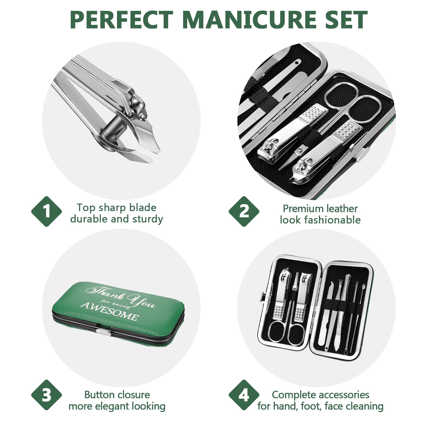 Therwen Maniküre-Set, Edelstahl, Nagelknipser, 8-in-1-Pflege-Set, Mitarbeiter-Wertschätzungsgeschenk, Dankeschön, professionelles Pediküre-Werkzeug für Damen, Herren, Kollegen (grün)