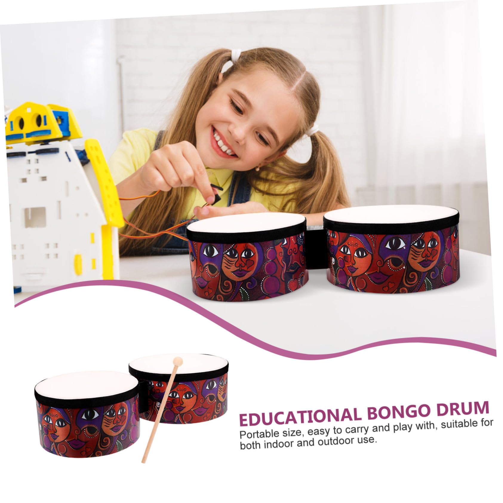 Tamburo a Percussione Giocattolo 7 e 8 Pollici in Legno per Ragazzo Ragazza | Bacchette, per Uso Indoor e Outdoor, Ritmo Evidente, Facile da Trasportare