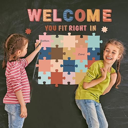 Miniatura 6 de Pajean Juego de tablones de anuncios de bienvenida con piezas de rompecabezas para decoración de aula, recortes de letreros elegantes, arte de