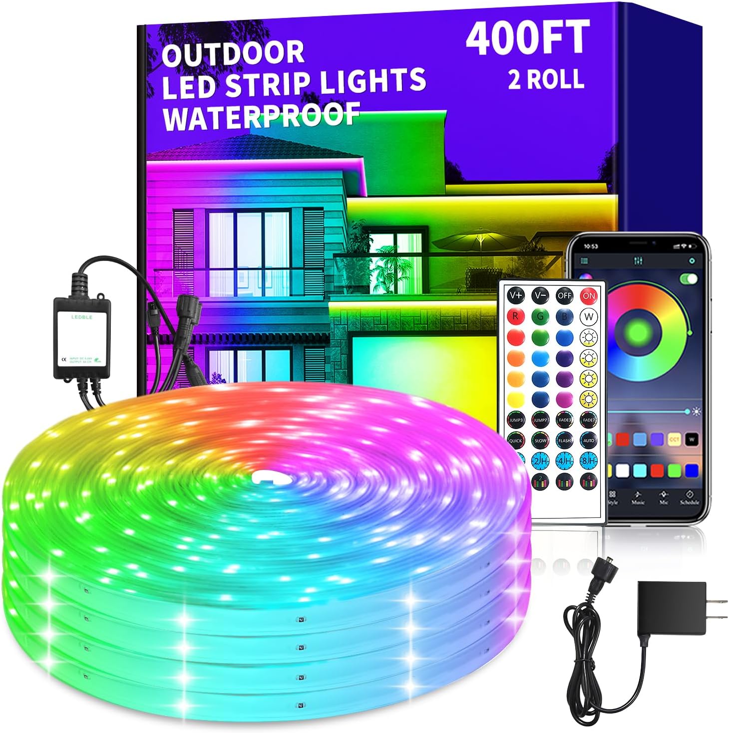 400ft Outdoor Waterproof Led Strip Light,IP68 Waterproof Led RGB Light with IR Remote&App Control,Music Sync and Color Changing LED Rope Light for Bedroom,Roof,Pool,Balcony（2 Rolls of 200ft）