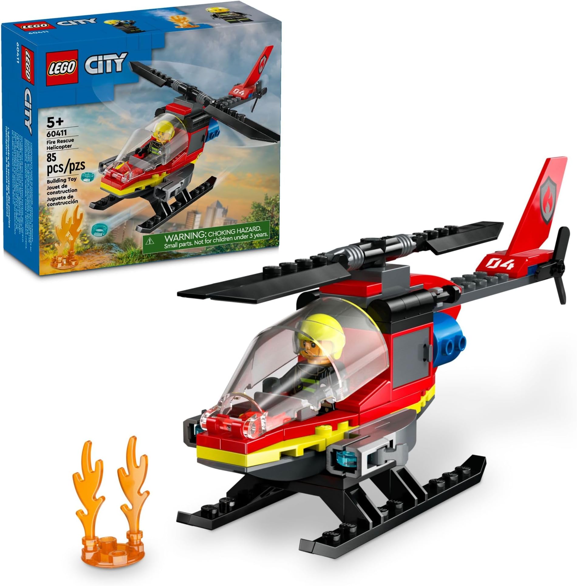 City Fire Rescue Helicopter Toy, Building Set with Firefighter Minifigure Pilot, Fun Gift or Pretend Play Toy for Boys, Girls and Kids Ages 5 and Up, 60411