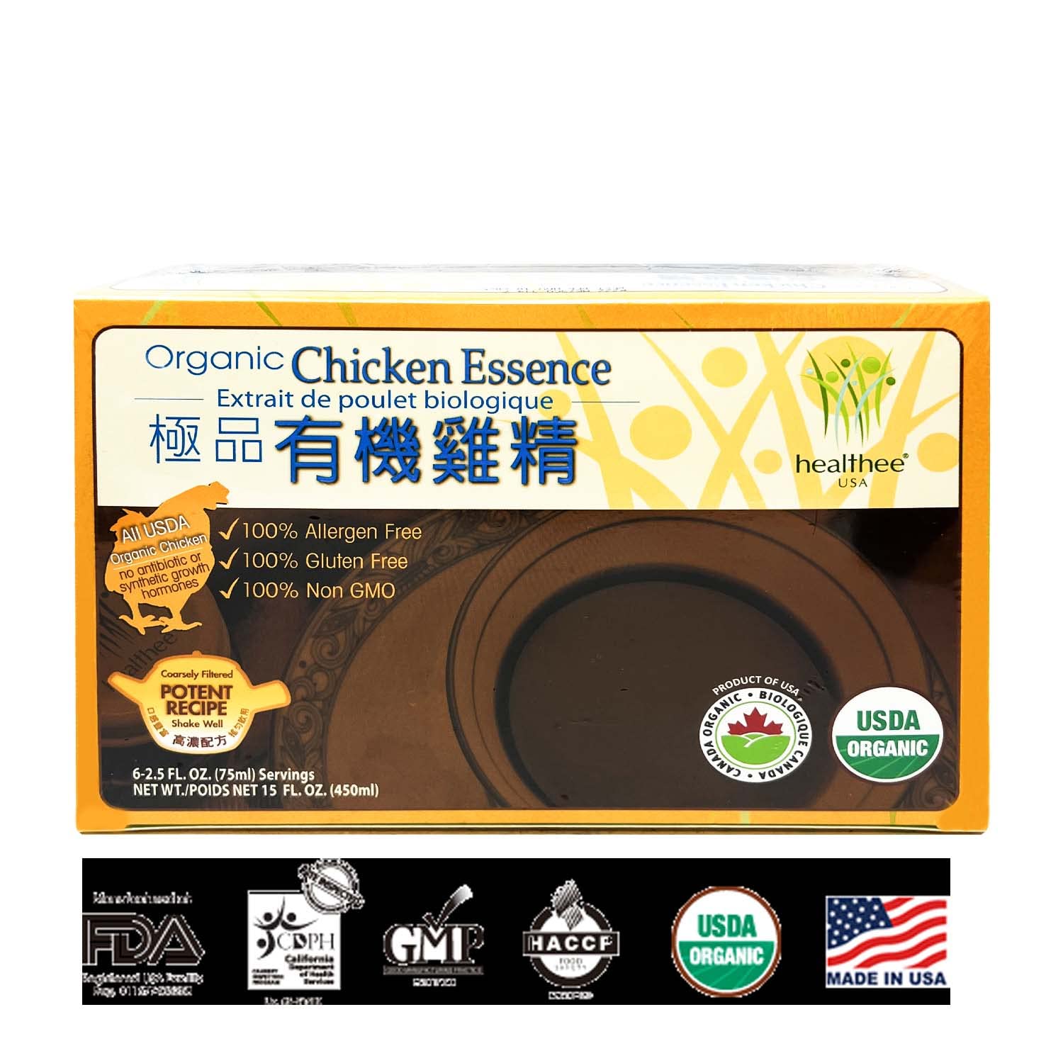 Healthee Organic Chicken Essence Drink Allergen Free Gluten Free Non Gmo 极品有机鸡精 6 x 2.5 FLoz (450ml)