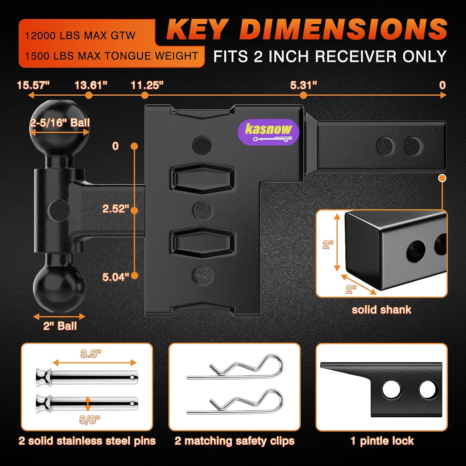 Adjustable Trailer Hitch for 2" Receiver(12,000LBS GTW), Heavy Duty Tow Hitch with 5" Drop/Rise, Dual Ball Mount (2" & 2-5/16") with Pintle Lock&Locking Hitch Pins, Drop Hitch for Trucks