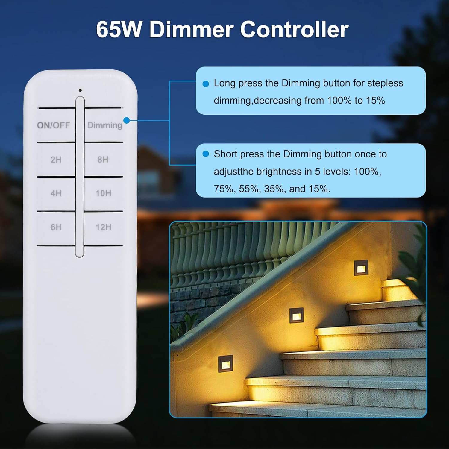 SMY Lighting 65W LED Lights Dimmer with RF Remote Controller and Timer Input AC/DC 12V Dimmer Waterproof IP67 for Low Voltage Lights