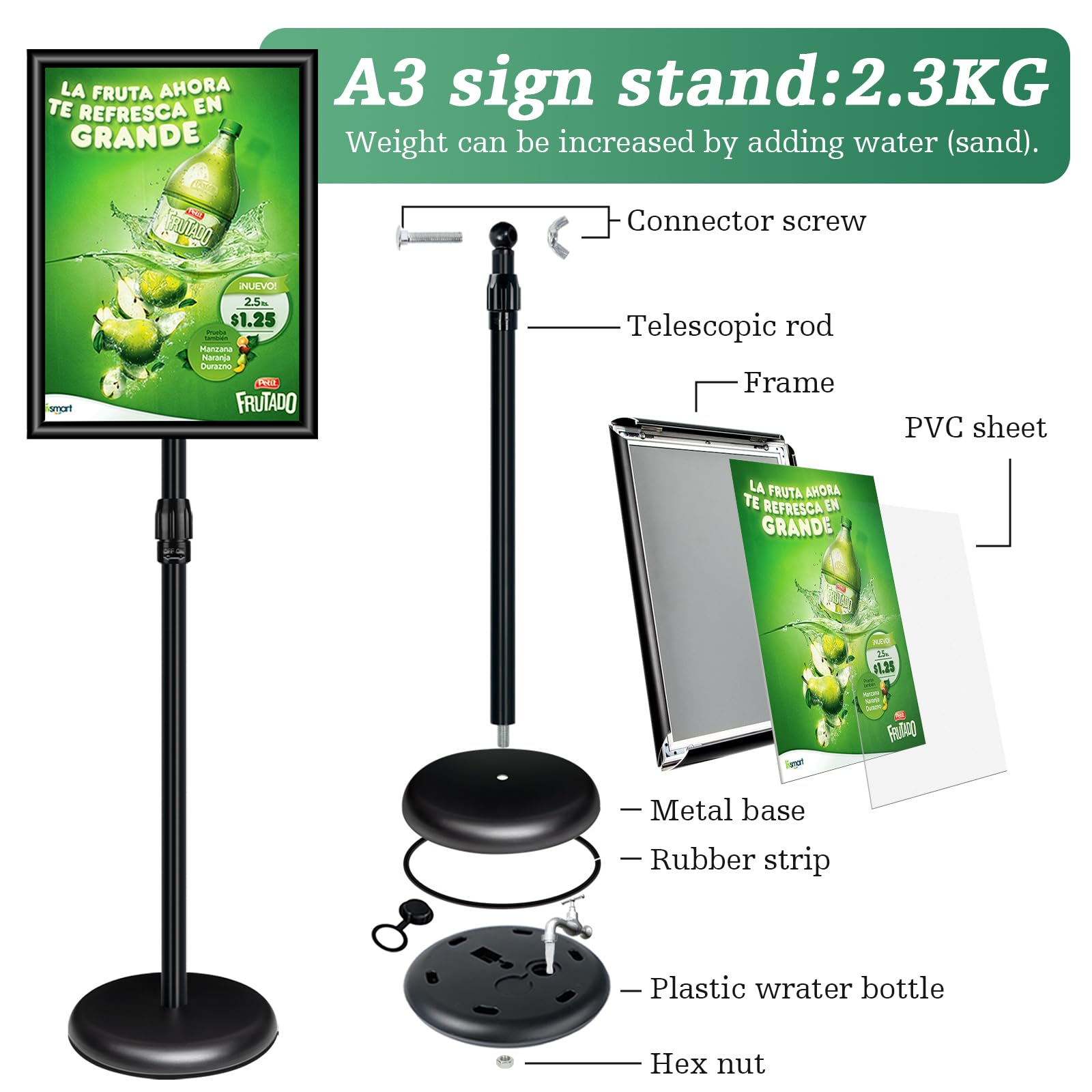 Soporte para carteles de pie A3, aluminio, negro