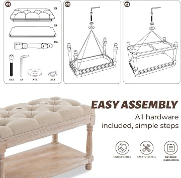 chairus Storage Bench 31.5 W Button Tufted Small Entryway Bench with Wooden Shoes Rack End of Bed Bench with Fabric Linen Upholstered Rectangular Seat for Bedroom Hallway Small Space, Beige