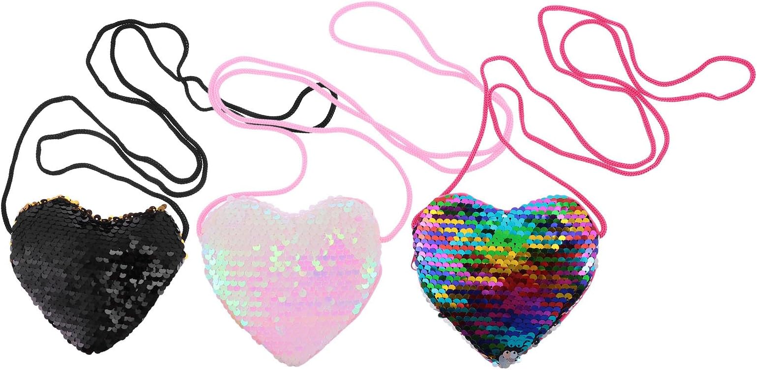 3pcs Heart Shape Sequin Coin Purses with Long Strap, Portable Stylish Wallets for Women, Creative Lightweight Change Bags for Travel and Daily Use Random Color