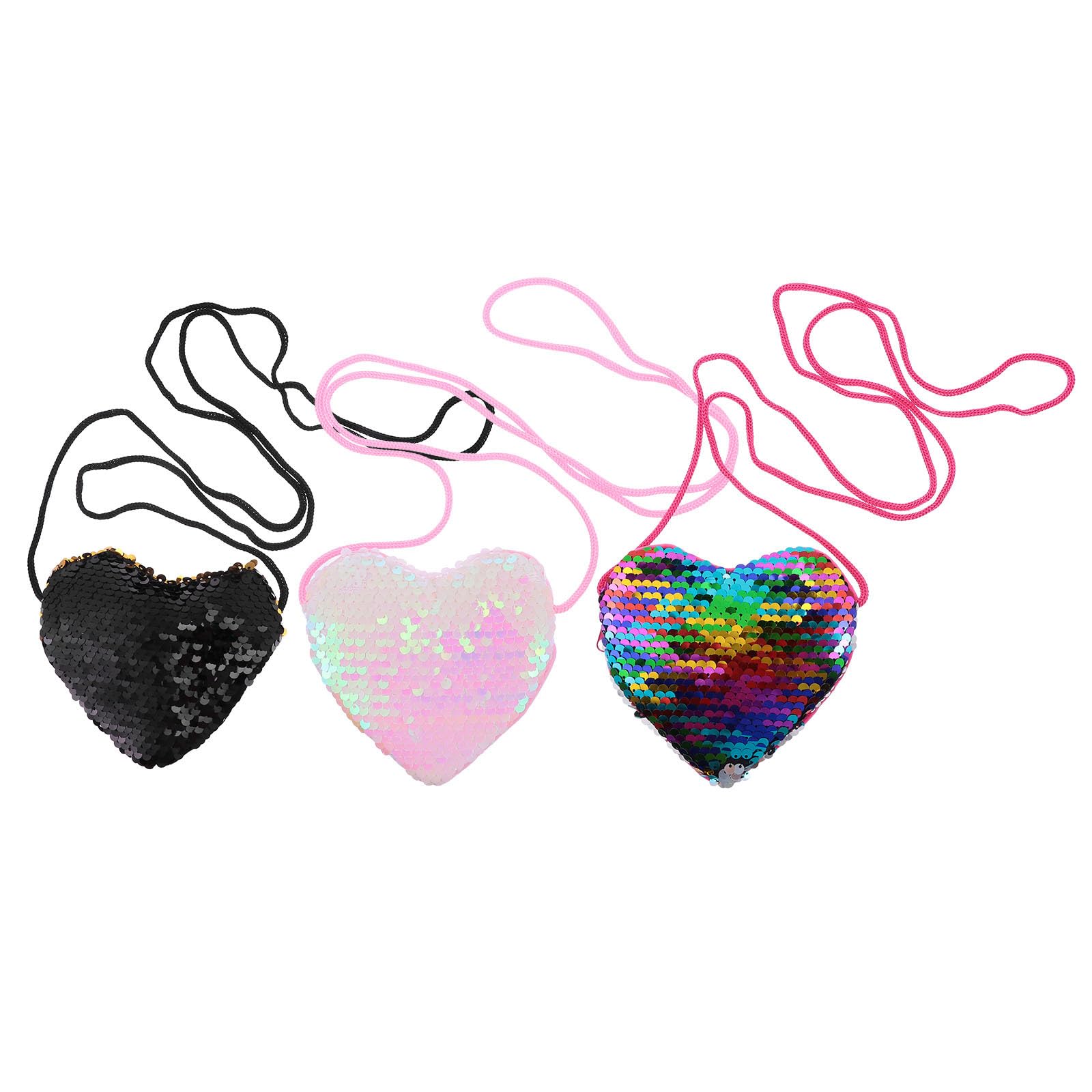 3pcs Heart Shape Sequin Coin Purses with Long Strap, Portable Stylish Wallets for Women, Creative Lightweight Change Bags for Travel and Daily Use Random Color