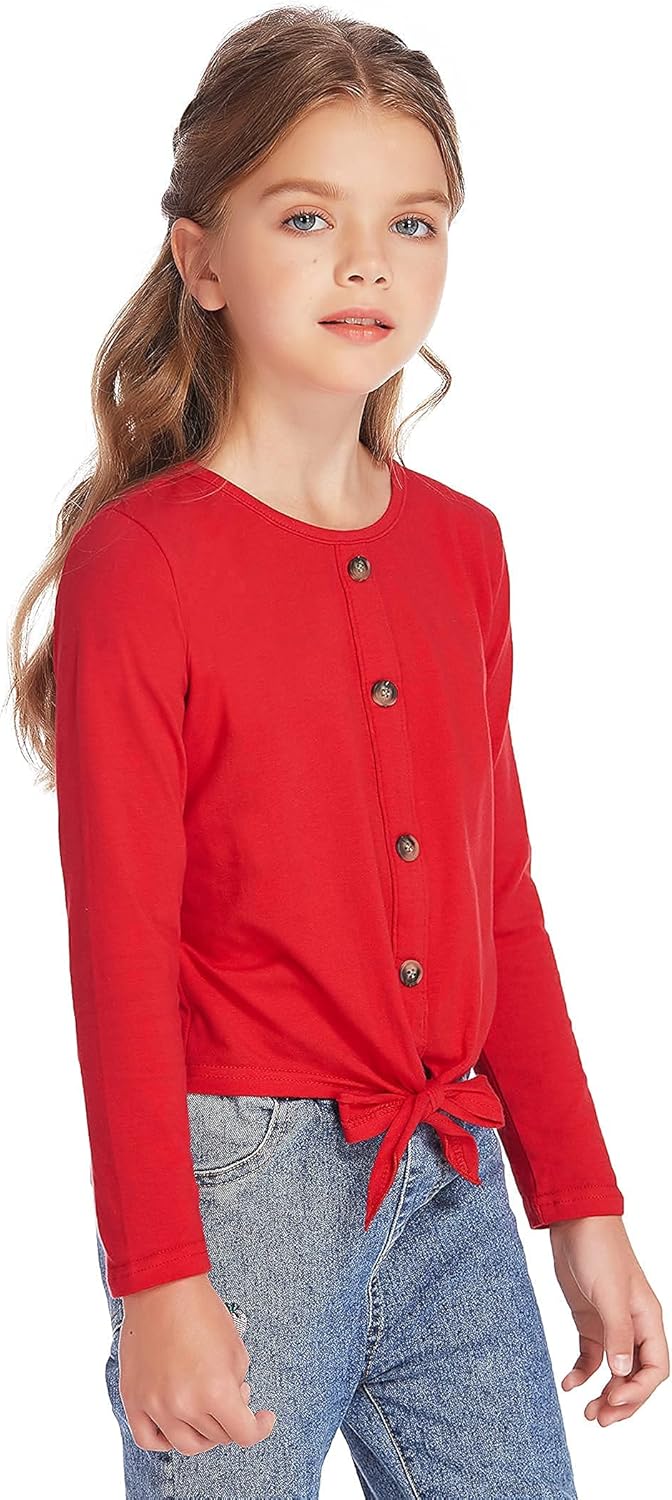 Greatchy Girls Long Sleeve Shirts Tie Front Knot Button Plain Cotton Casual Cute Tunic Tee Tops Blouse Undershirt : Clothing, Shoes & Jewelry