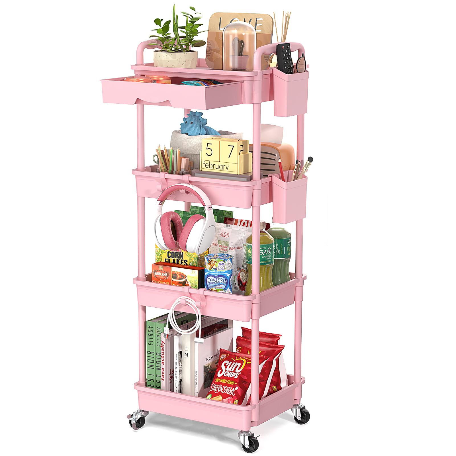 4 Tier Rolling Utility Cart with Drawer, Utility Storage Organizer with Plastic Shelf & Lockable Wheels Multifunctional Storage Cart for Kitchen, Bathroom, Office, Living Room, Pink
