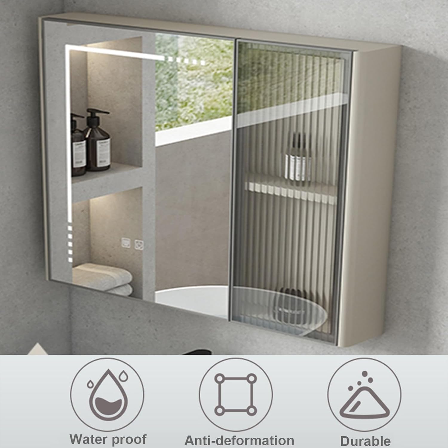 Stainless Steel Smart Mirror Cabinet Bathroom Mirror Cabinet Dual Touch Defogging Bathroom Mirror Cabinet Organizer Wall Mounted Mirror with Lighted Mirror Water proof Practical(Gray,75x65cm)