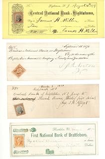 Group of 33 Checks with Revenue Stamps - 1860's, 70's and 1900's dated Checks