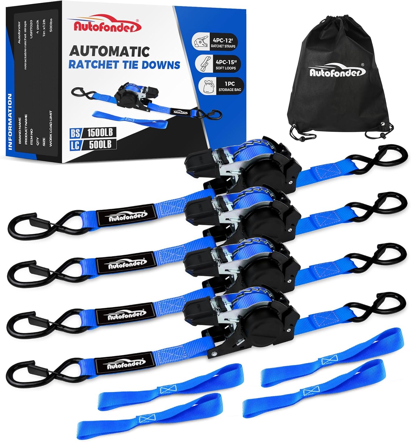 Heavy Duty Ratchet Tie Down Straps 1in x 15ft - 4 Pack Motorcycle Tie Downs with Soft Loops &Bungee Cords -1500LBS Break Strength - Cargo Straps with Safety Lock S Hooks for ATV, Dirt Bike