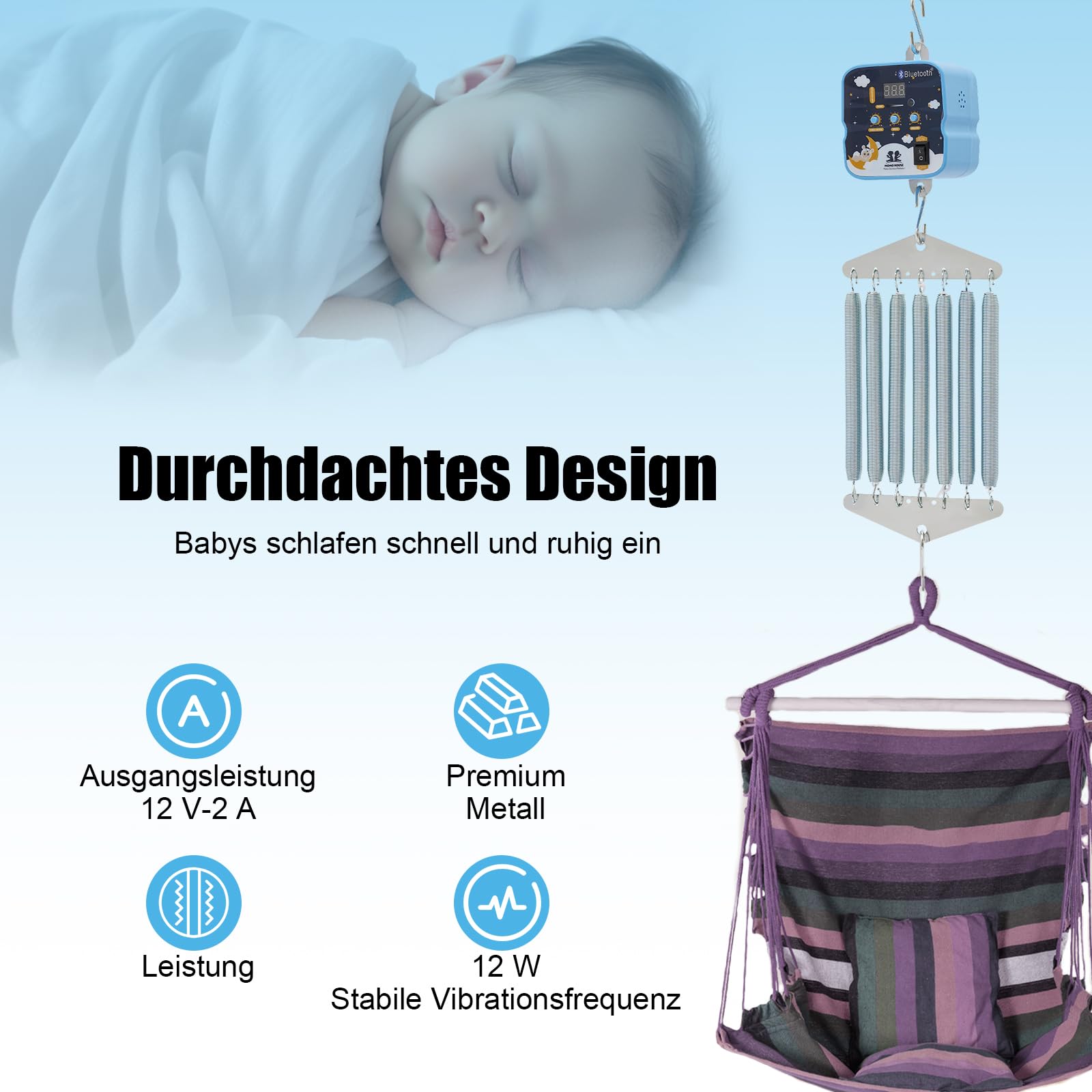 Cuna eléctrica de plumas para bebé, capacidad de carga de 19 kg, 7 muelles, columpio eléctrico para bebé, control de 9 velocidades, 6 temporizadores, controlador de cuna para bebé