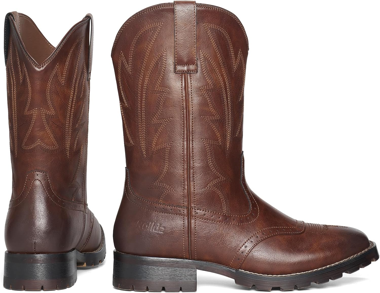 Rollda Cowboy Boots for Men Western Boots Men's Square Toe Chunky Heel Mid-Calf Boots Classic Embroidered Pull On Tabs Dark Brown Size 10 - Image 8