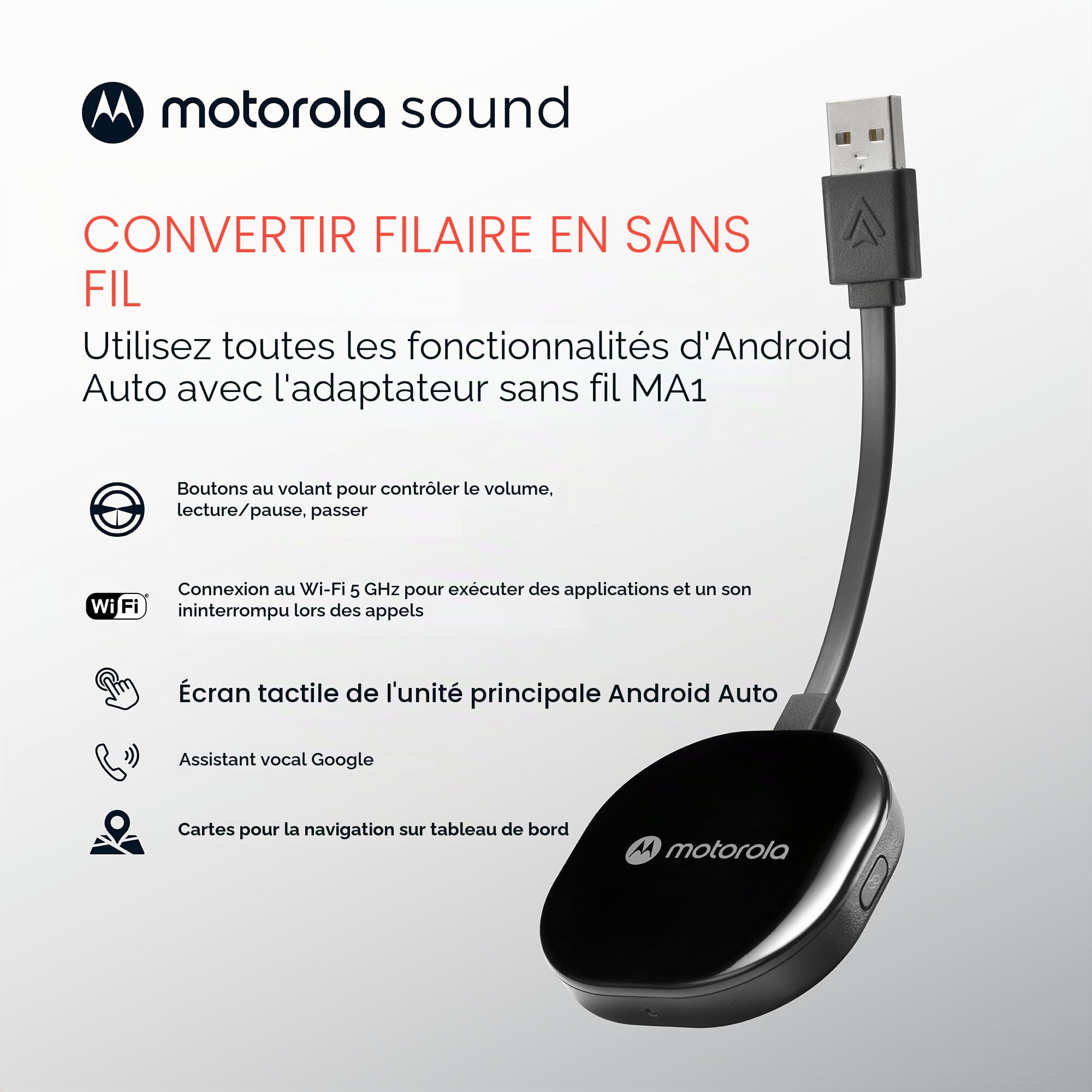 Motorola Sound MA1 - Le Seul Adaptateur de Voiture Android sans Fil autorisé par Google - Connexion instantanée du Smartphone à l'écran de la Voiture avec Une Configuration Facile