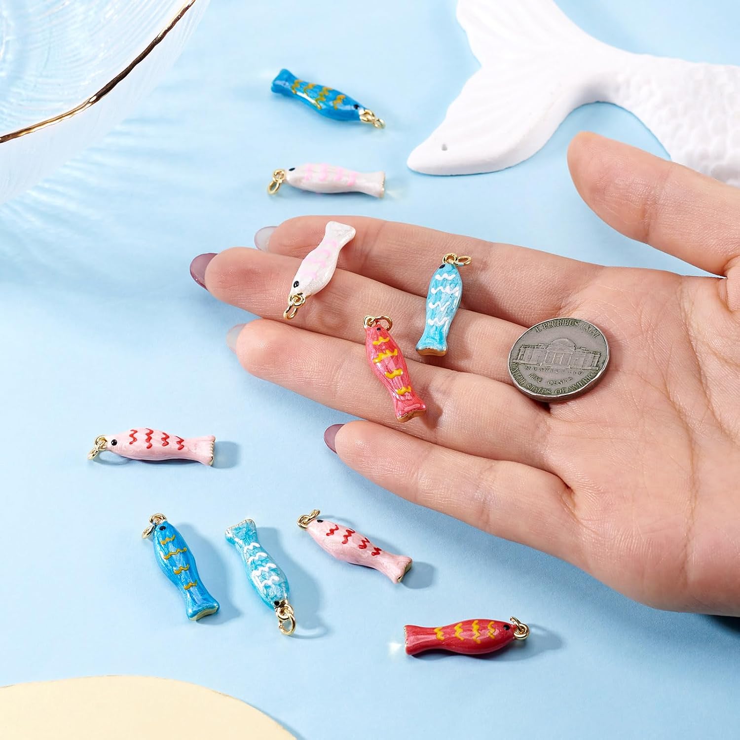 Beadthoven 10Pcs 5 Colors Brass Enamel Fish Charms Handmade Colorful Small Fish Charms Cute Summer Ocean Sea Animals Pendants for Jewelry Making DIY Necklace Earrings Bracelets