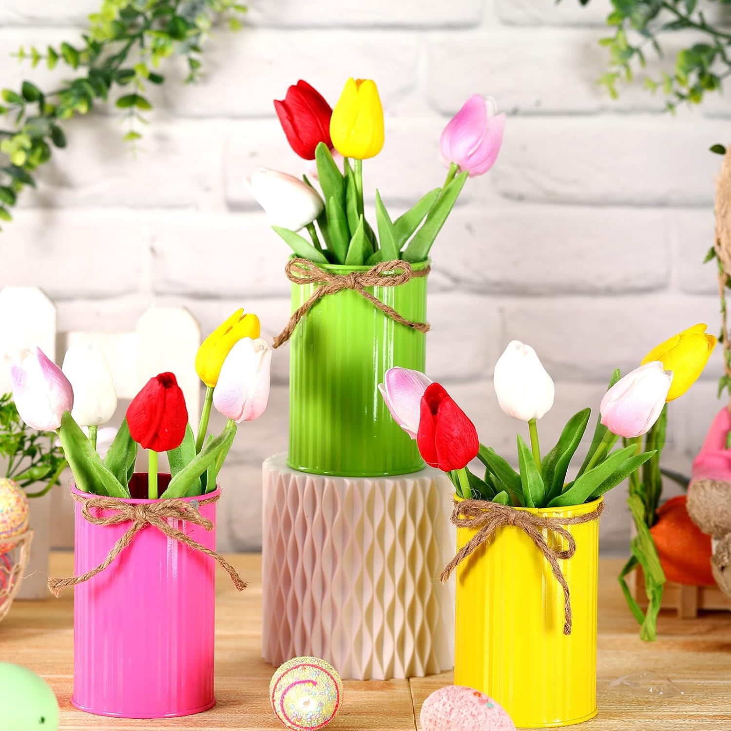 Hotop 15 Pcs Spring Decorations Artificial Tulips Table Centerpieces with 3 Metal Pot Multicolor Flowers PU Fake Tulips for Spring Easter Home Office Table Decor Wedding Party Bouquet Arrangement
