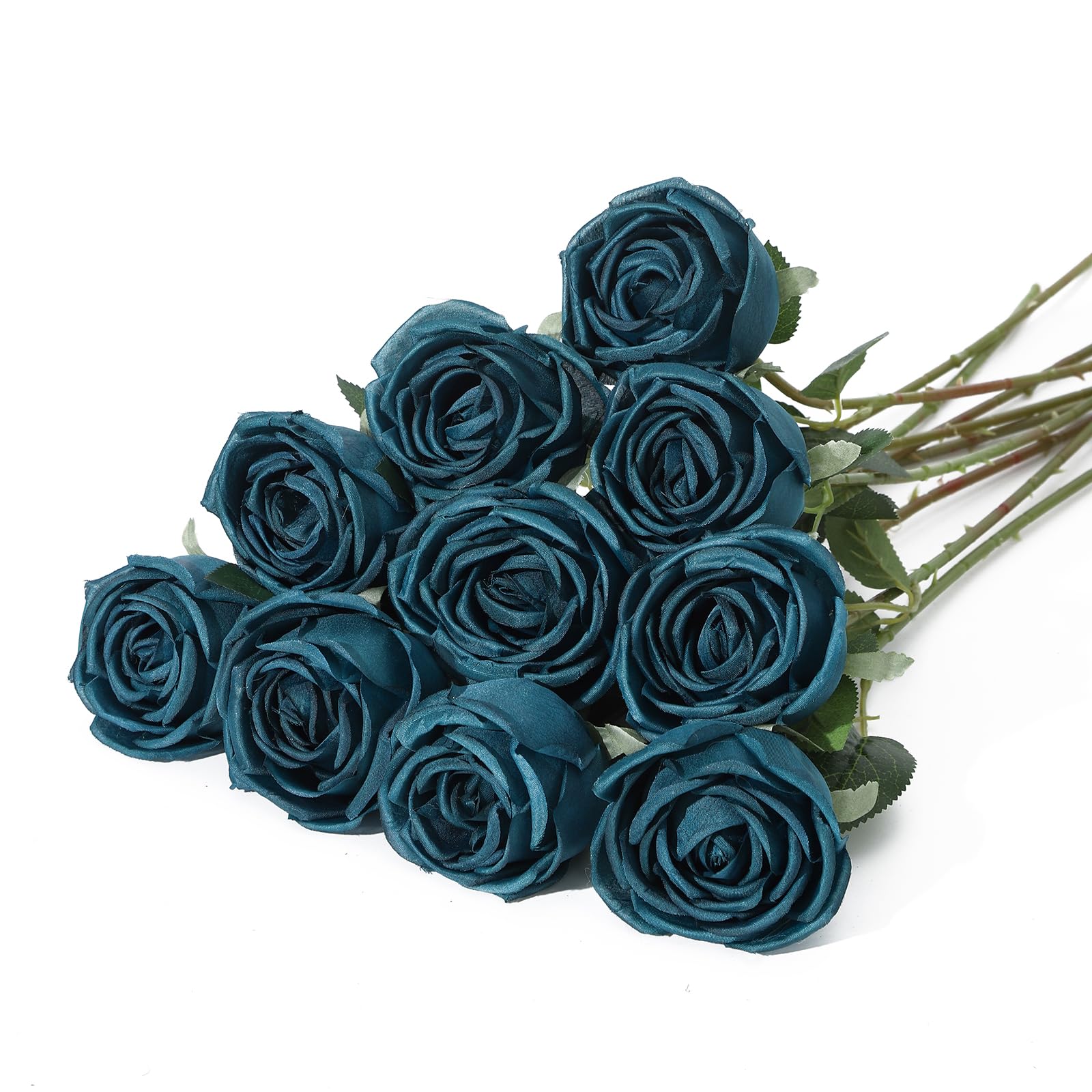 LEUCHTAMOR 10pcs Artificial Roses Peacock Blue Fake Rose Flower Realistic Faux Roses for DIY Wedding Bouquets Bridal Shower Centerpieces Floral Arrangements Party Tables Home Decorations