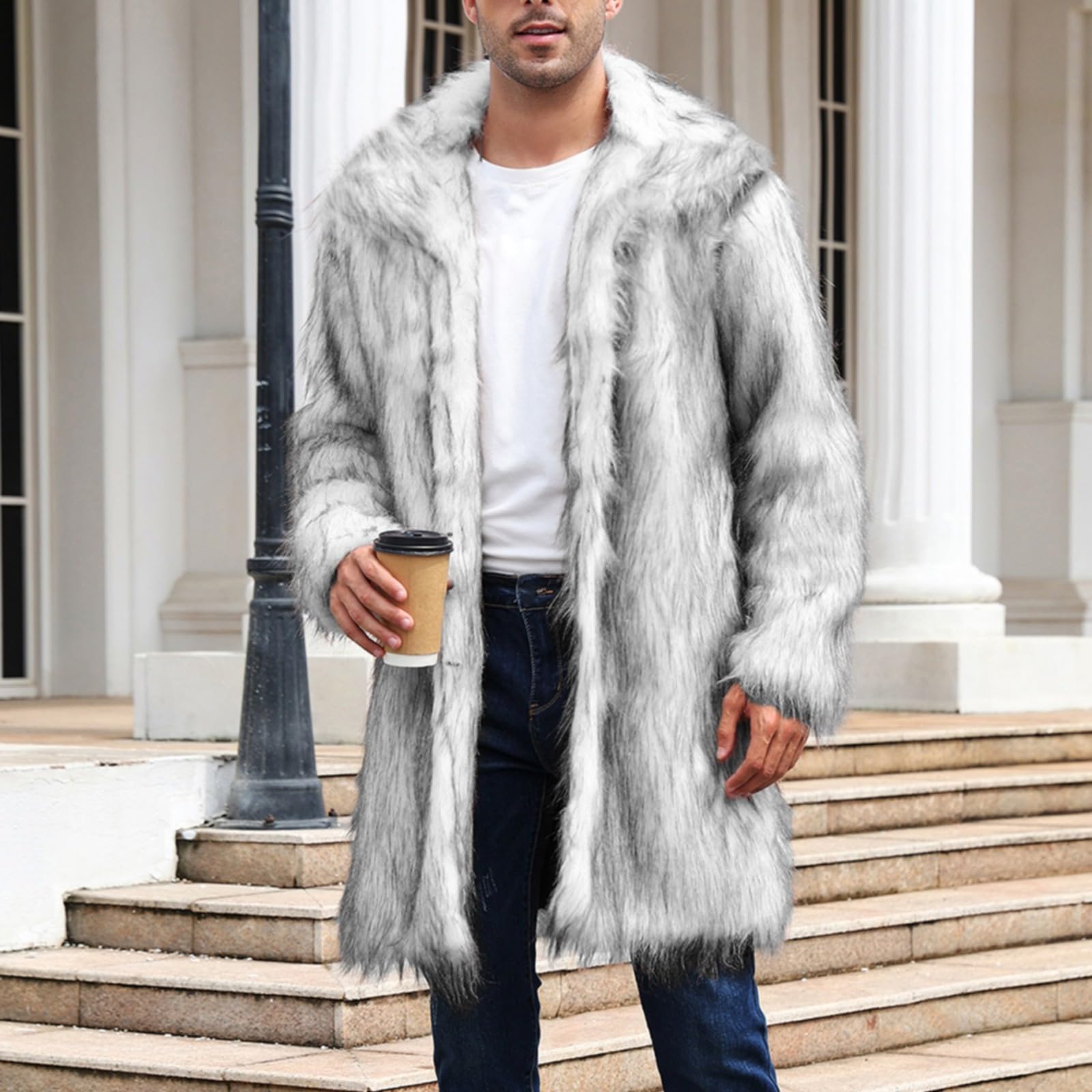 Vestes en fourrure pour homme - Veste en fourrure synthétique - Manteau en fourrure synthétique - Manches longues - Chaud - Veste d'hiver parka - Manteau d'hiver - Revers en fausse fourrure - Cardigan