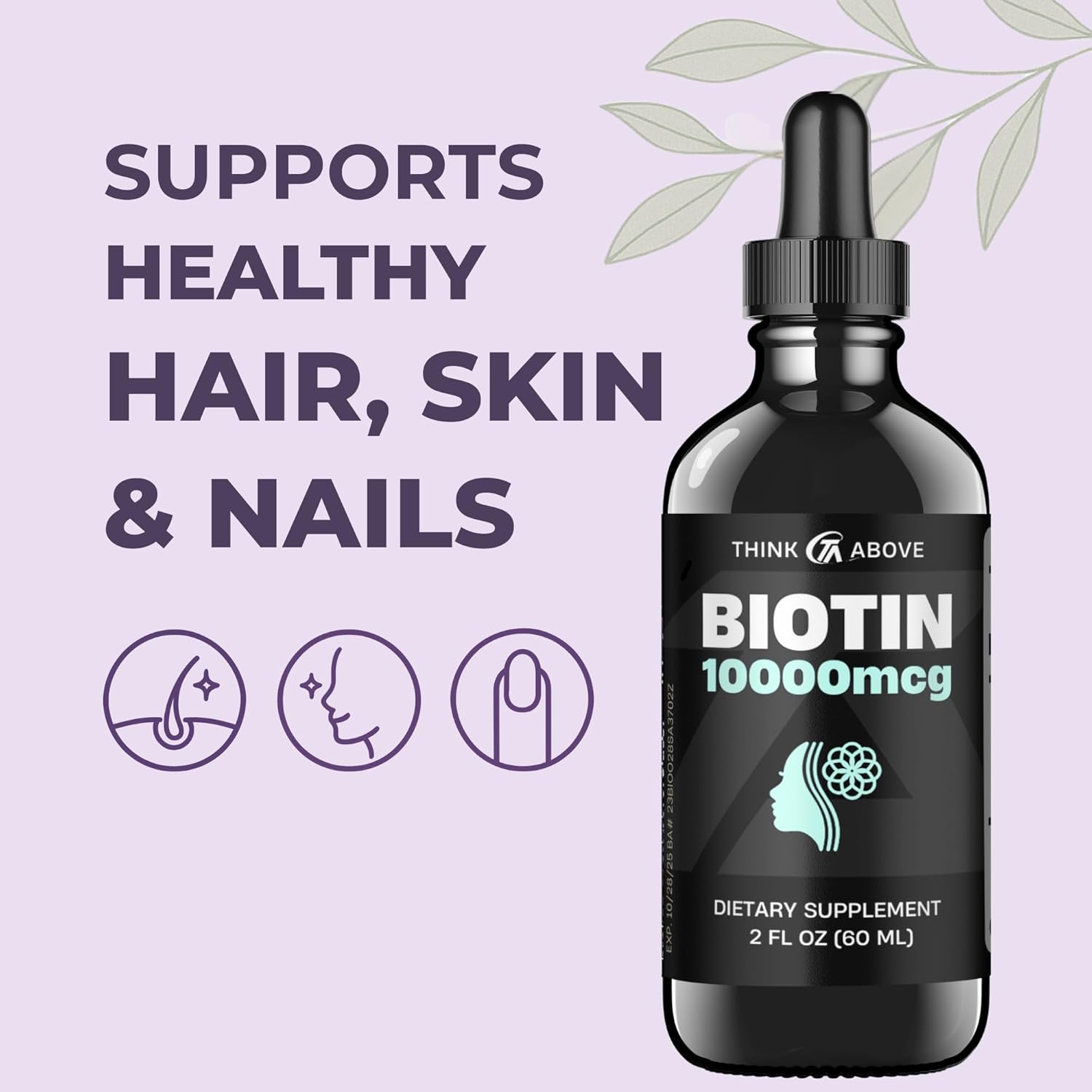 Liquid Biotin 10,000 mcg with Vitamin C – High Potency Hair, Skin & Nail Support – Fast Absorption Biotin Drops – 60 Day Supply – 2 oz - Image 3