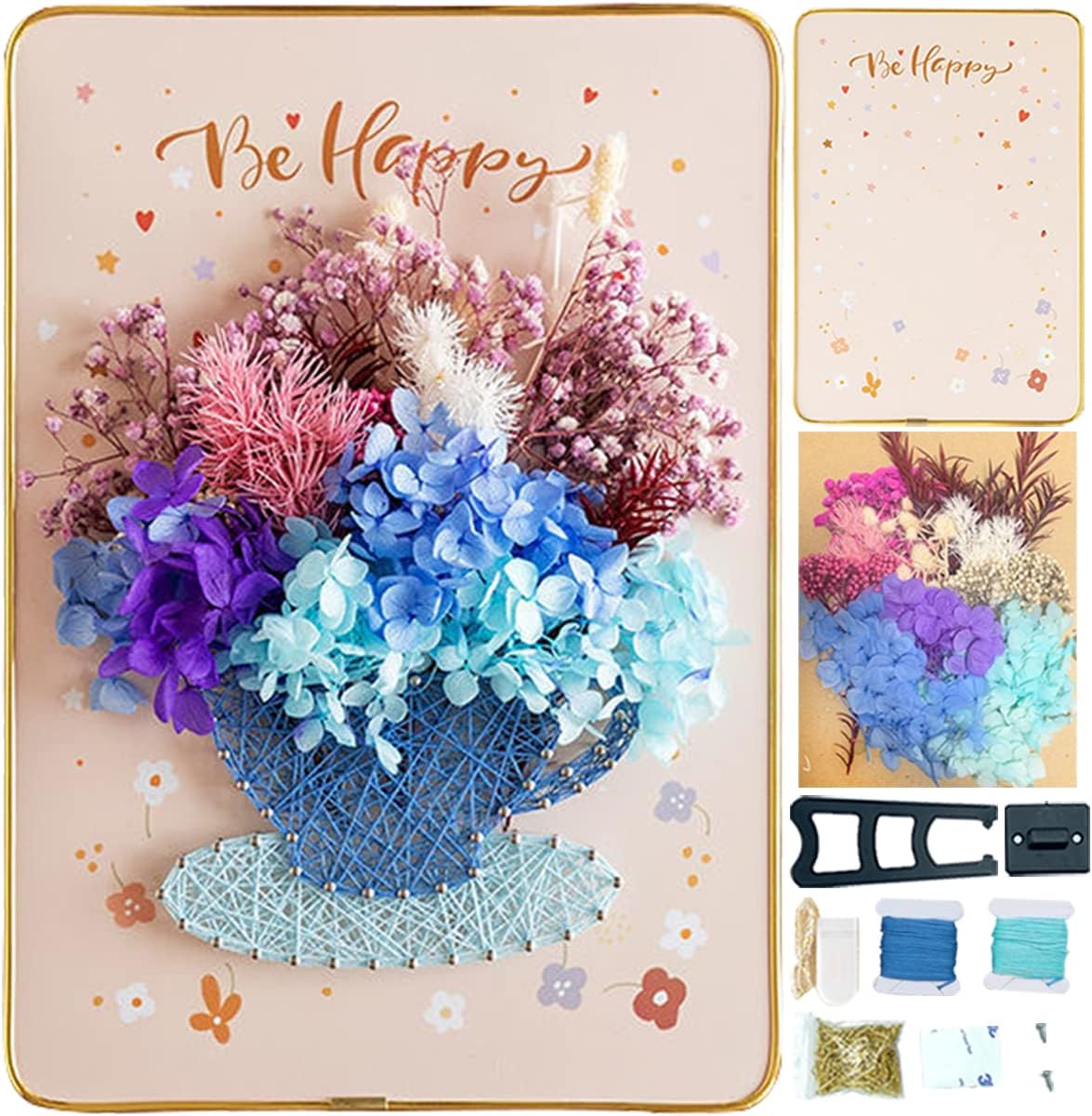 BAZIMA DIY String Art Kit for Beginner,Flowers String Art, DIY Dried Flowers Craft Kit,Unique Gift, Craft Kit for Holidays,Cup and Flowers