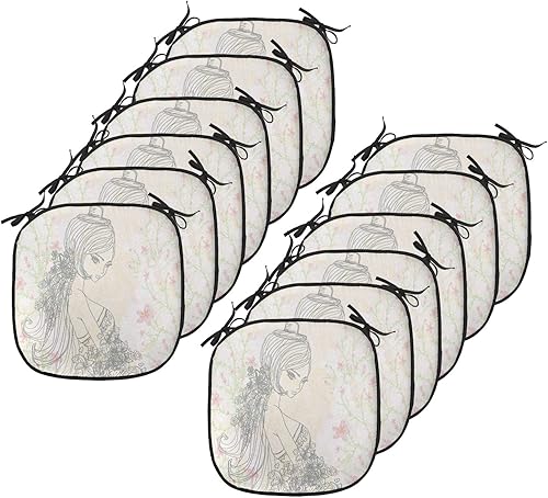 Miniatura 167 de Lunarable Cojín retro para silla, dibujo de chica a la moda en tierra primavera campo margaritas arte, acolchado de asiento para cocina y patio con