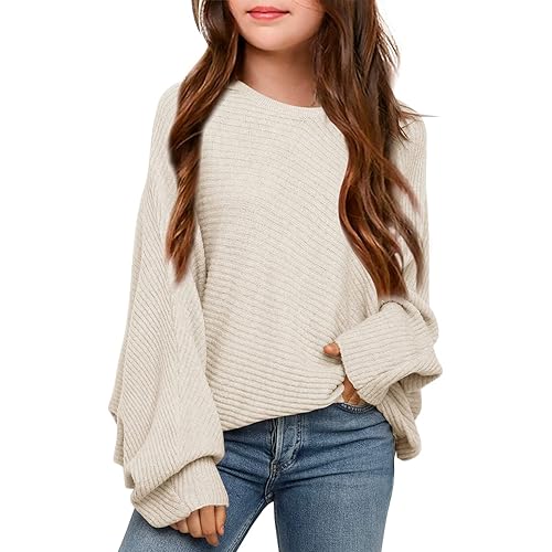 Mafulus Girl's Oversized Crewneck Fall Sweaters Kids Batwing Long Sleeve Slouchy Chunky Cute Pullover Jumper Shirts 5-14T