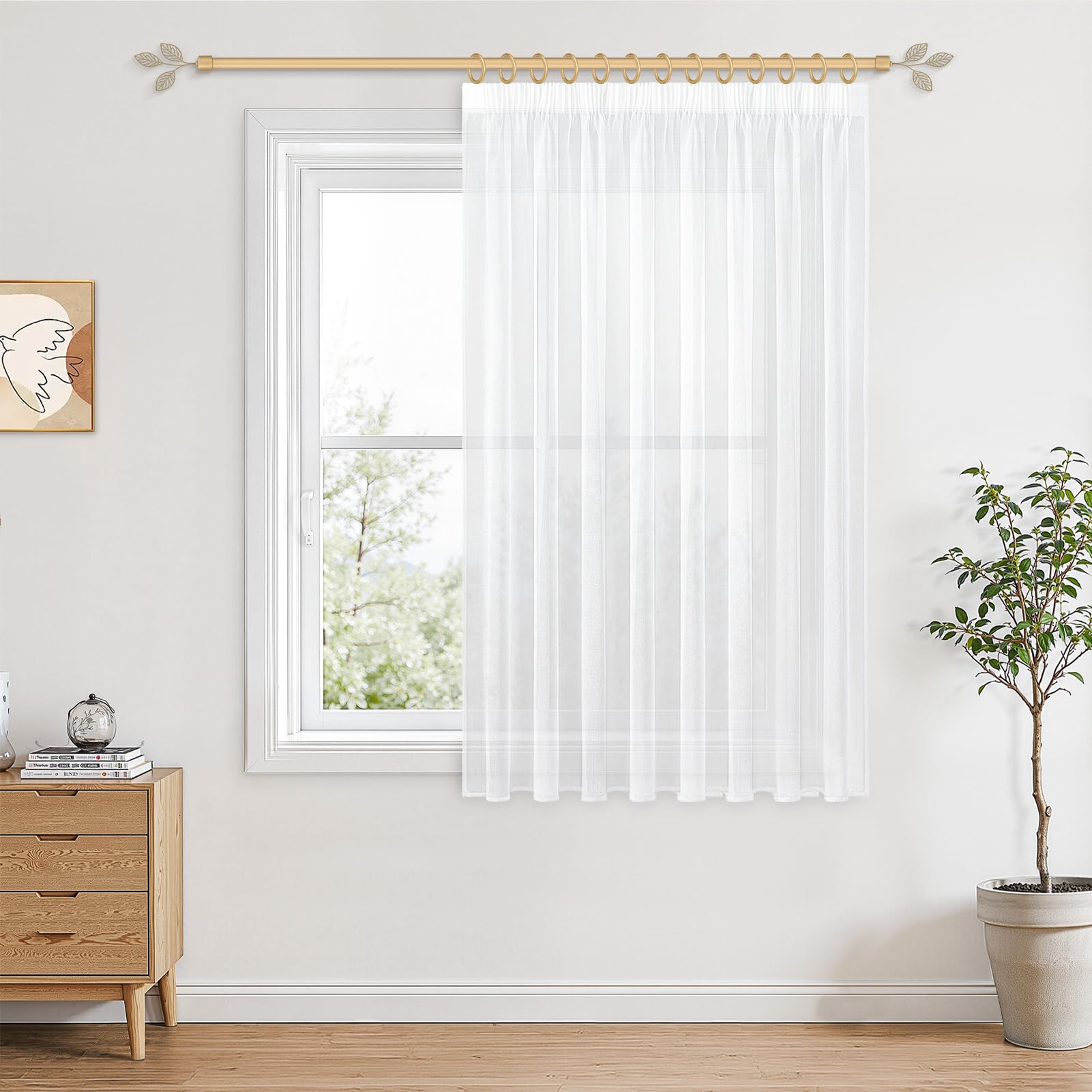 CUTEWIND White Short Curtain, 200 x 150 cm (WxH) 1 Piece, Translucent Wide Width Bohemian Style with Ruched Ribbon, Elegant for Living Room, Bedroom or Kitchen