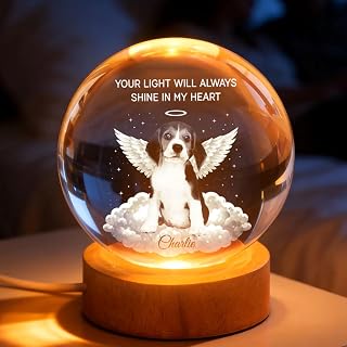 Personalized Pet Remembrance Crystal Ball Night Light, Custom Angle Dog Photo Keepsake with Name, 3D Engraved Glass Sphere on LED Base, Sympathy Gift for Pet Loss for Dog Lovers Gift
