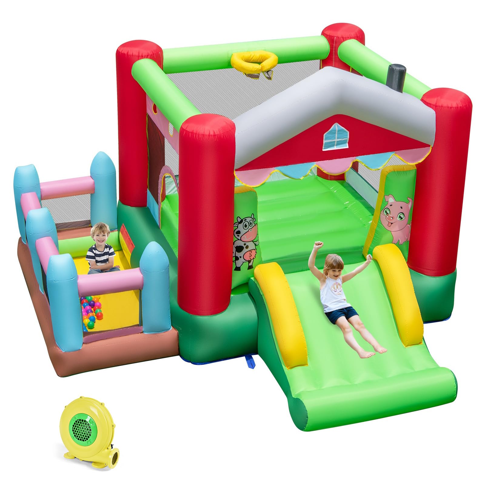 GLACER Inflatable Bounce House with Slide, 4 in 1 Blow Up Bouncy Castle with Jumping Area, Ball Pit and Basketball Hoop, Indoor Outdoor Inflatable Water Park for Backyard Party