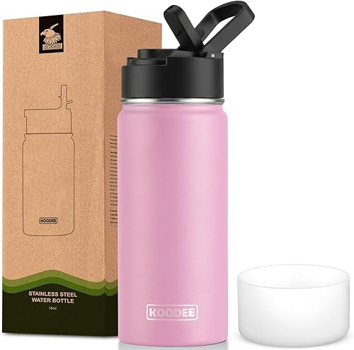 Miniatura 35 de koodee Botella de agua de 16 onzas de acero inoxidable de doble pared aislada al vacío, botella de agua de boca ancha con tapa de popote a prueba de