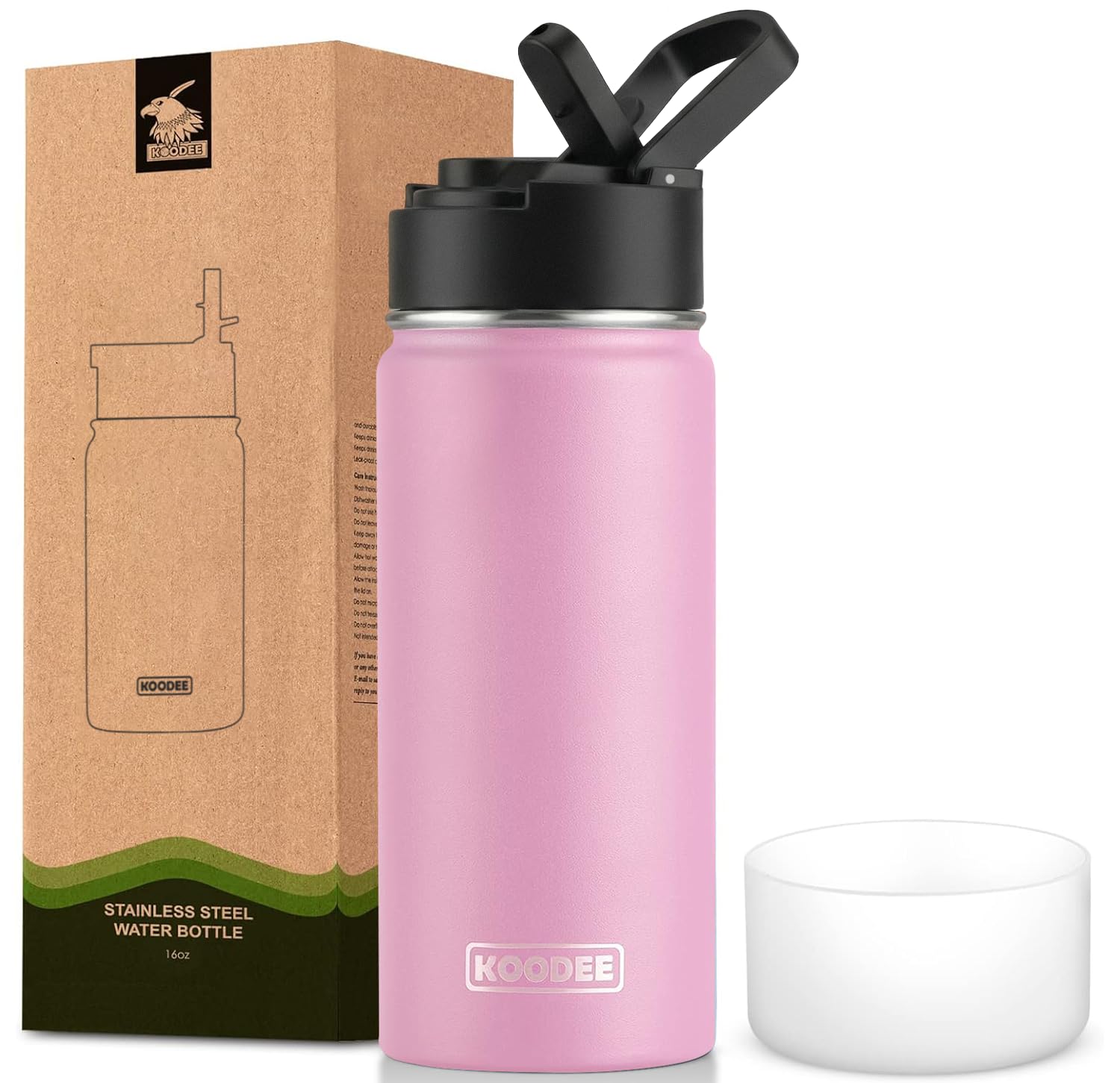 koodee 16 oz Water Bottle Stainless Steel Double Wall Vacuum Insulated Flask Kids Sports Water Bottle with Leakproof Straw Lid (Pink